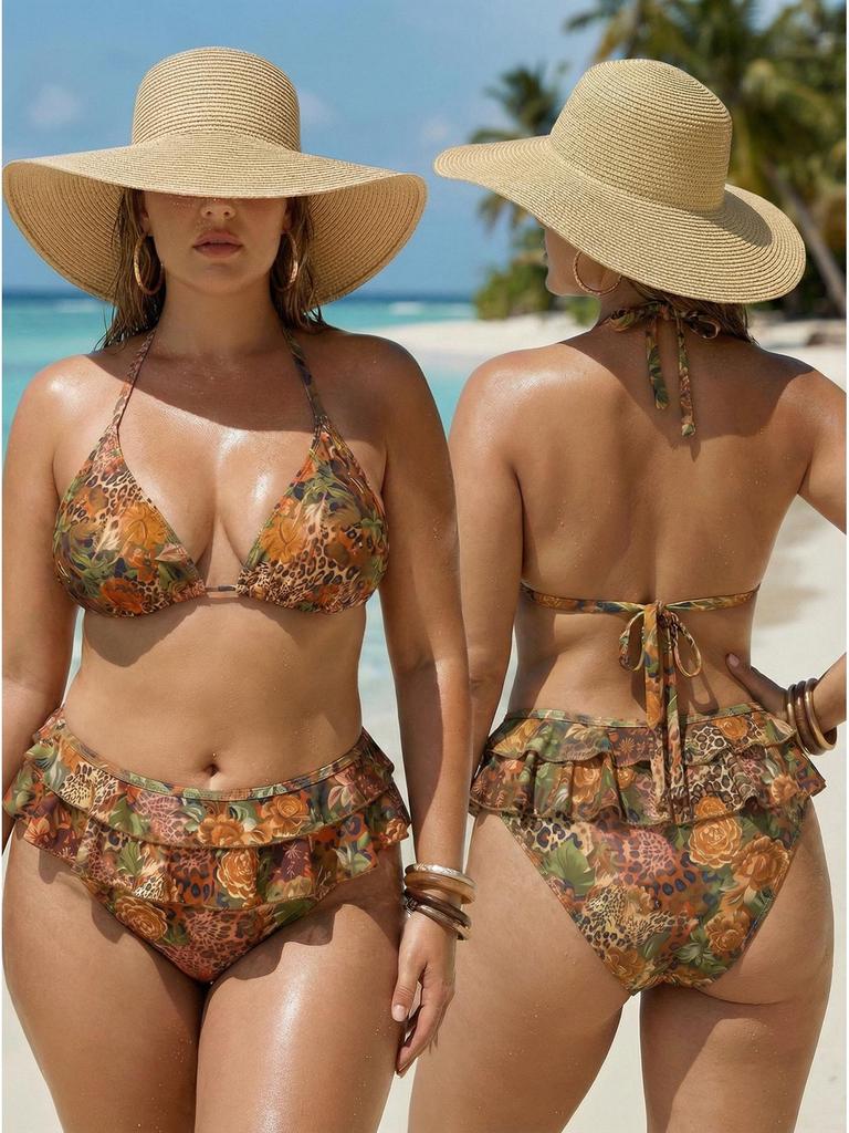 Europäischer & Amerikanischer 2026 Bedruckter Bikini: Sexy Schlankmachende Zweiteilige Badebekleidung in Übergröße für Damen für den Strand.