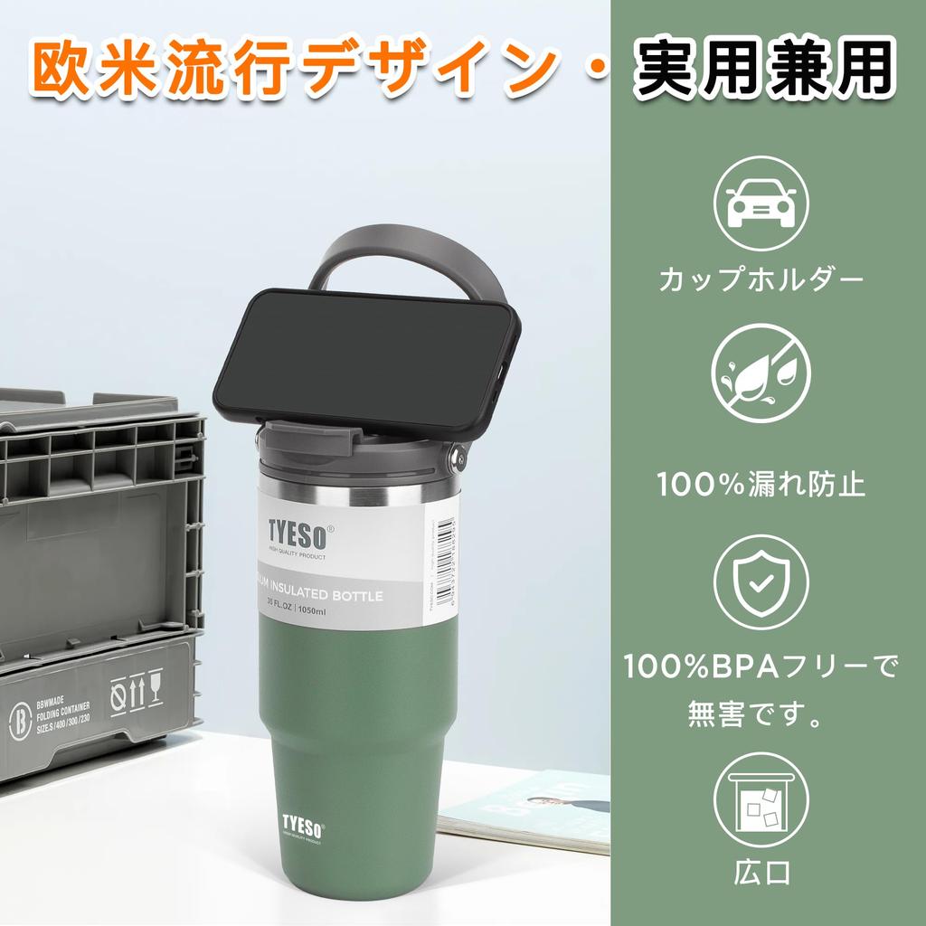 TYESO Tumbler with Lid, Straw, and Handle, 600ml Large Capacity, Insulated Water Bottle, Thermos, Vacuum Insulated, Double Walled, Wide Mouth, Direct