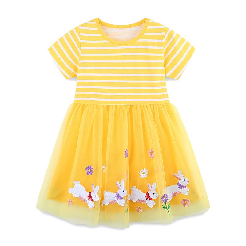 Summer Girls  Dress: Fashionable Rabbit Embroidered Tulle Princess Dress with Striped Patchwork Short Sleeves 2Y(90cm)