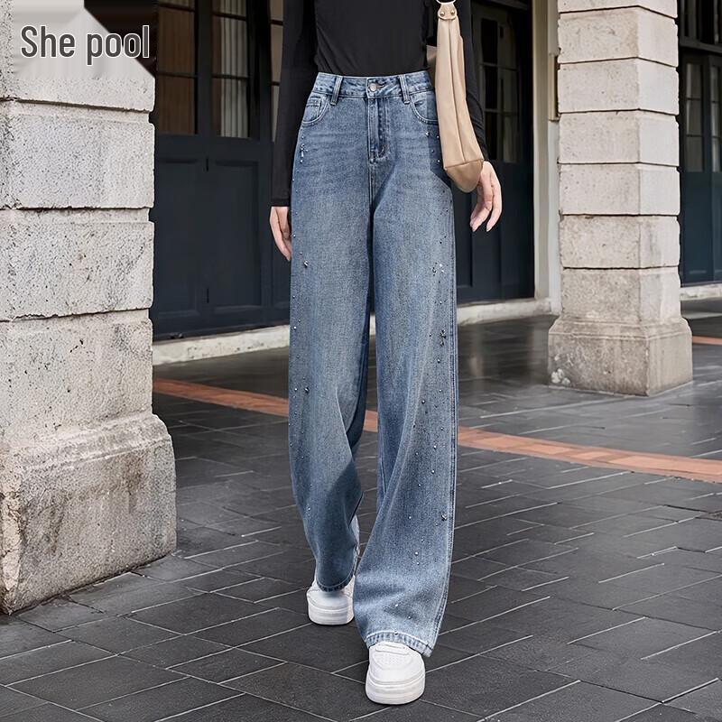

Women s High-Waist Retro Washed Straight Leg Jeans with Rhinestone Embellishments S