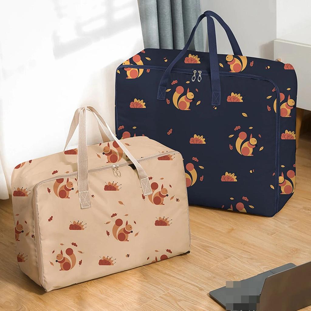 Foldable Quilt Organizer Storage Bag with Zipper Closet Clothes Luggage Moisture-Proof  Bag New Brown Leaf Squirrel Pattern Cotton Quilt Storage Bag