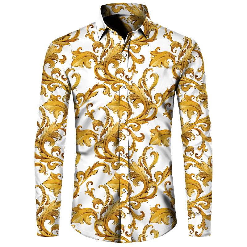 Golden Flower Pattern Print Men's Shirts Casual Single-Breasted Cardigan Long Sleeve Shirt Fashion Trend Tops Men Clothing