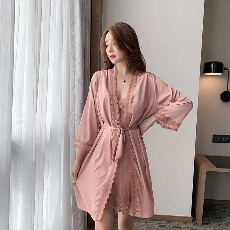 Pajamas Female Sexy Ice Silk Thin Ins Wind Summer New Lace Nightdress Two-piece Loungewear Spring and Autumn