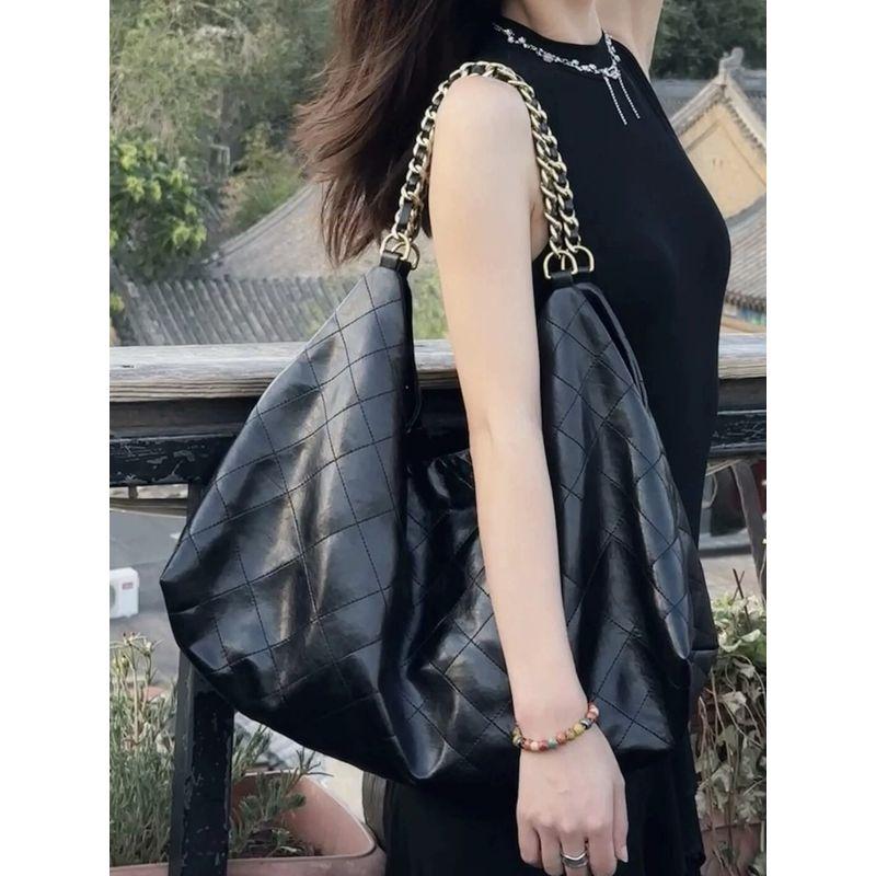 

High-Grade Rhombus Chain Bag Women 2025 New Graceful Large Capacity Tote Bag Commuter All-Match Shoulder Bag Black