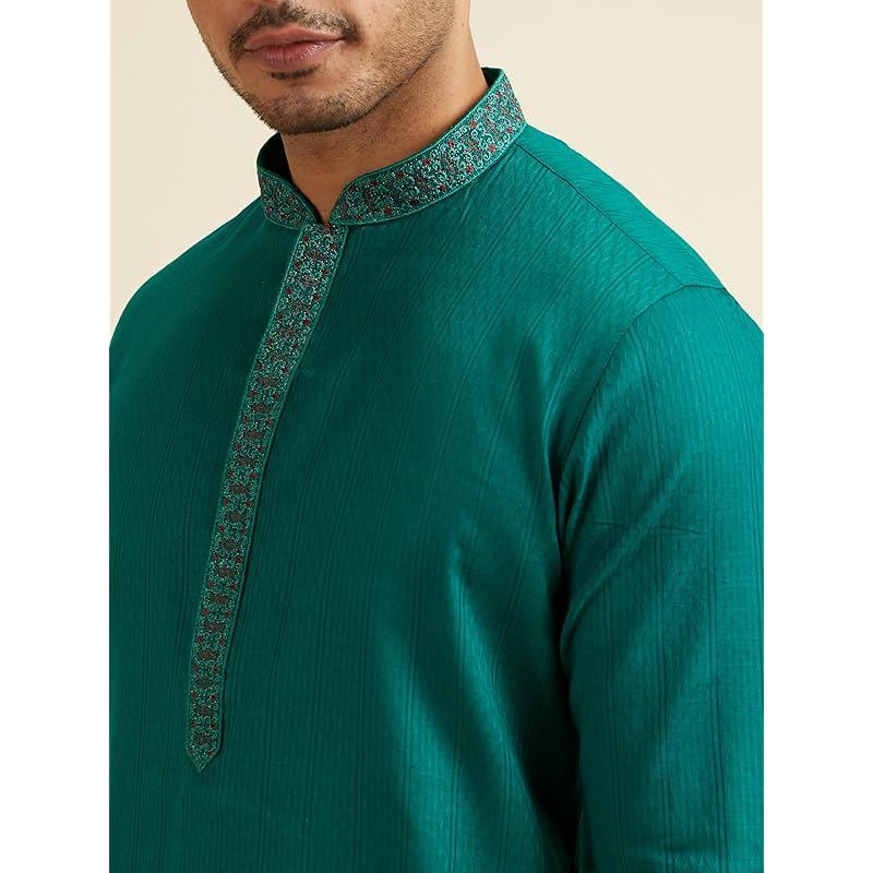 

Manyavar Men s Cotton Embroidered Self Design Kurta Pyjama Set (Green,L) L