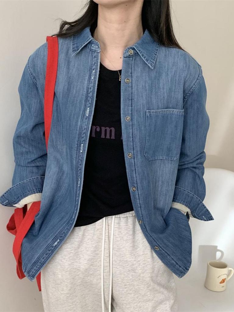 Spring 2026 New Arrival: Lazy Style Velvet-Lined Denim Lapel Shirt with Long Sleeves - Versatile and Casual.