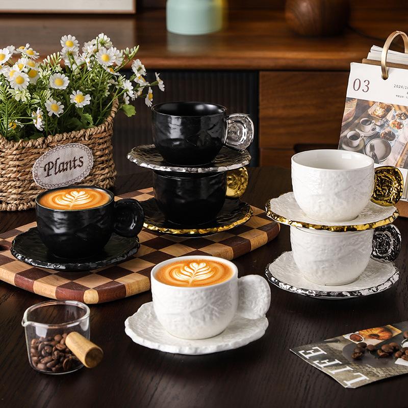 New Ceramic Embossed Coffee Cup and Saucer Black White Ceramic Latte Coffee Mug Exquisite Afternoon Tea Flower Tea Cup Milk Mug