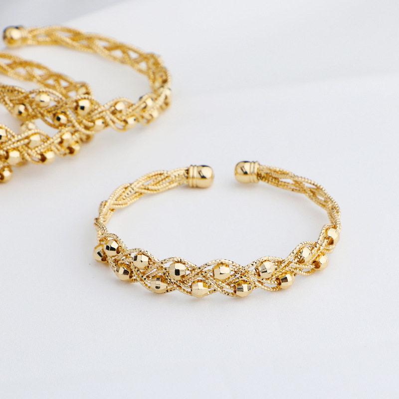14K Gold Plated Engraved Pattern Bangle with Laser Bead - Handmade Wire Wrapped Bracelet Accessory.