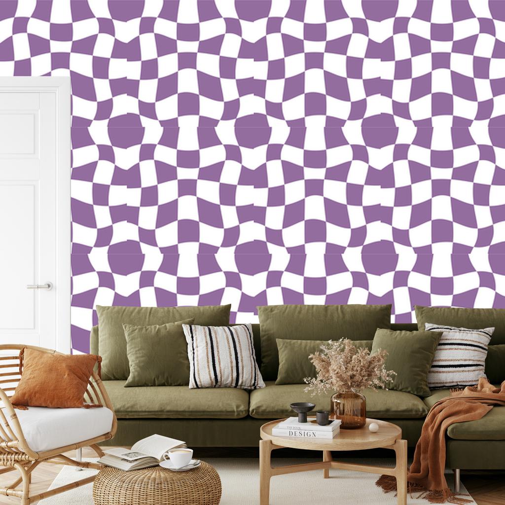 Wallpaper Casual Checkerboard Purple and White for Living Room and Bedroom 50x1000