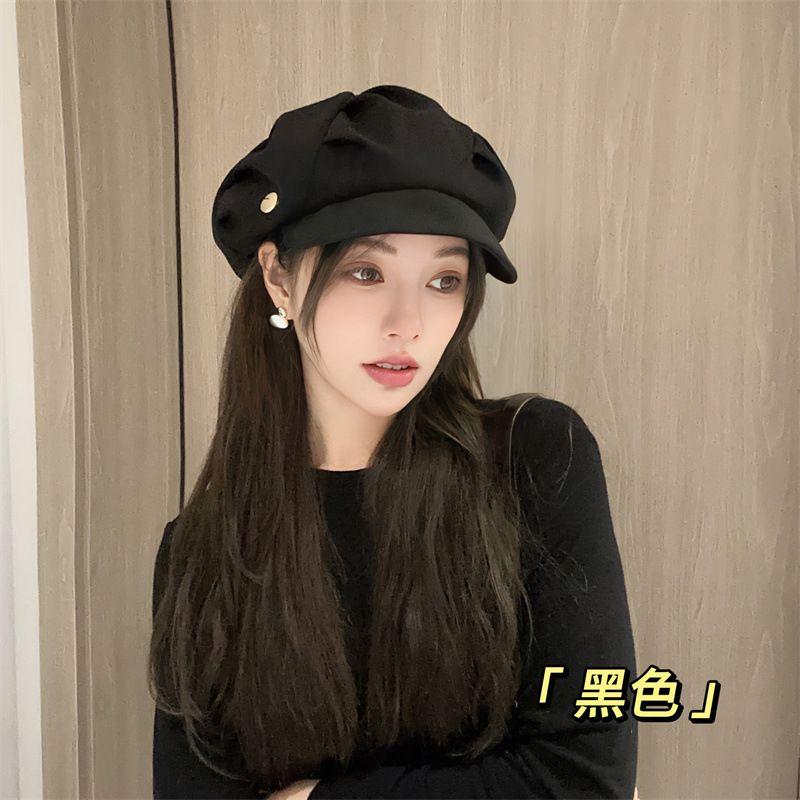 

Cloud Hat Female MiuMiu Bag Face Slimming Octagonal Cap Travel Daily Casual K-style Plain Short Brim Beret Black Adjustable