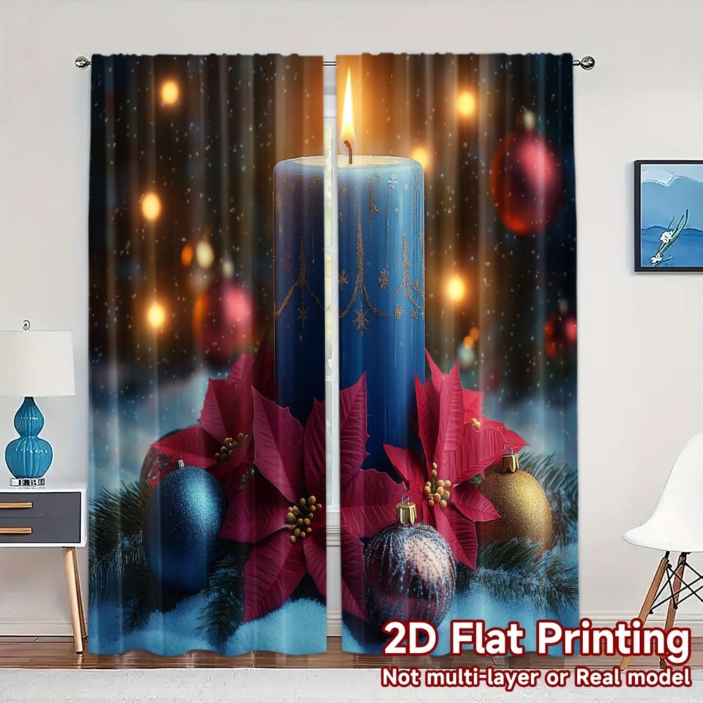 

2pcs,Curtains Christmas Candle Poinsettia Ornaments (3) Popular Curtains Fabric Curtains Room Decor Use for Bedroom, Living 52.50×116.00 CM 2pcs