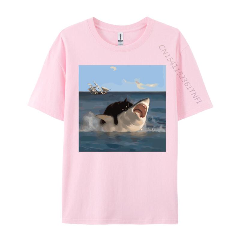 Katze beißt Hai Lustige Kunst und Katzenliebhaber Lustige Katze und Hai Bedrucktes Baumwoll Unisex Oberteil Shirt Normal Hip Hop 2026 Sommer T-Shirt