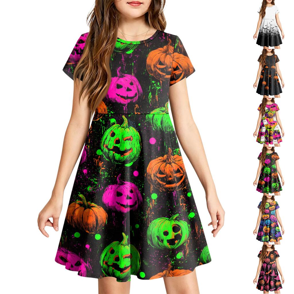 Girls Halloween Printed Short Sleeve Dress with Pockets for Party Costume