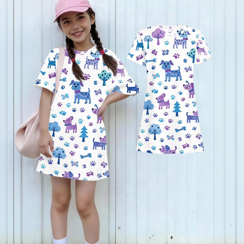 Girls Print Casual Dress Kids Loose Round Neck Short Sleeve Thin Sundress