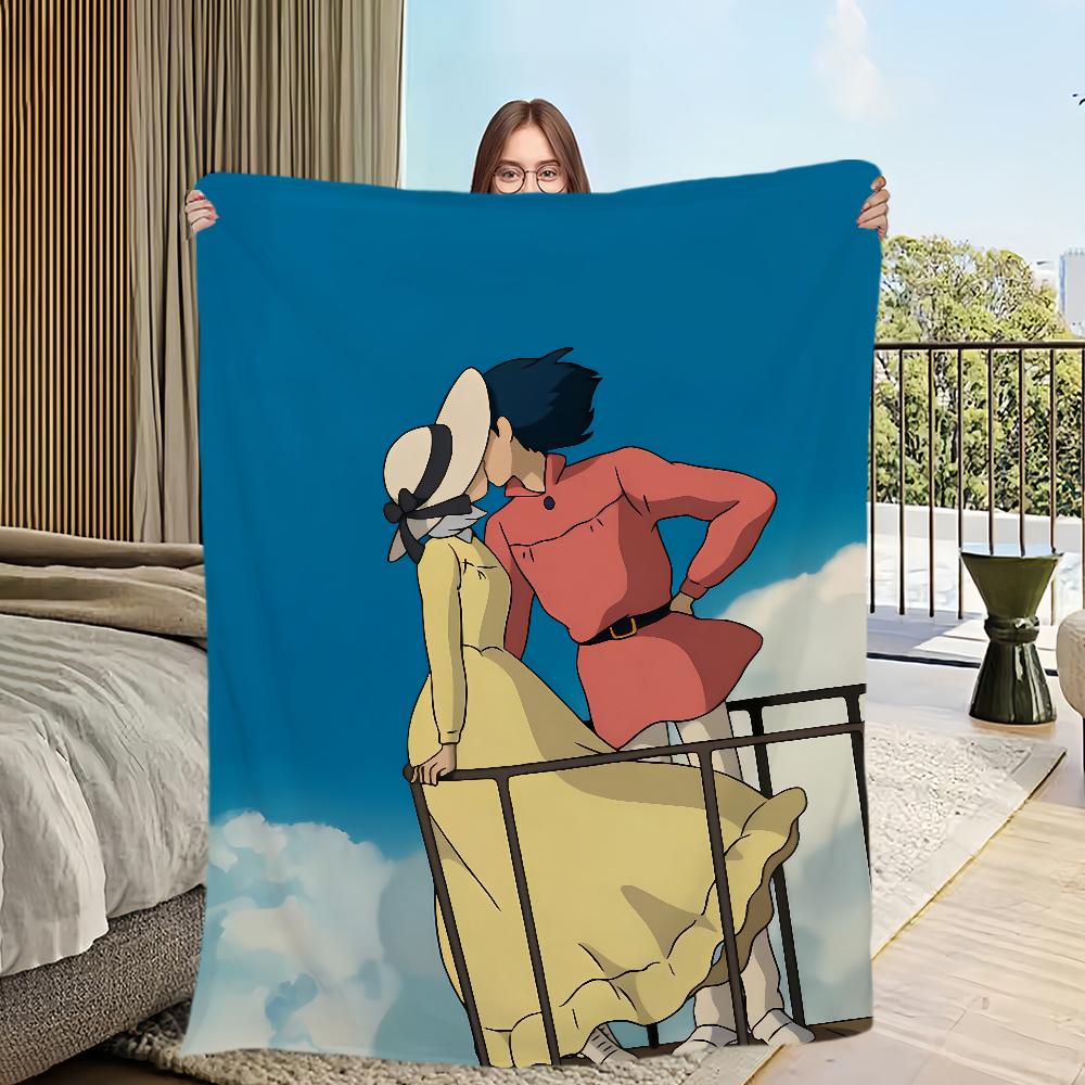 Anime film comfort warm soft plush blanket for sofa living room h-Howl's office bedroom travel Flannel gift m-Moving c-Castle