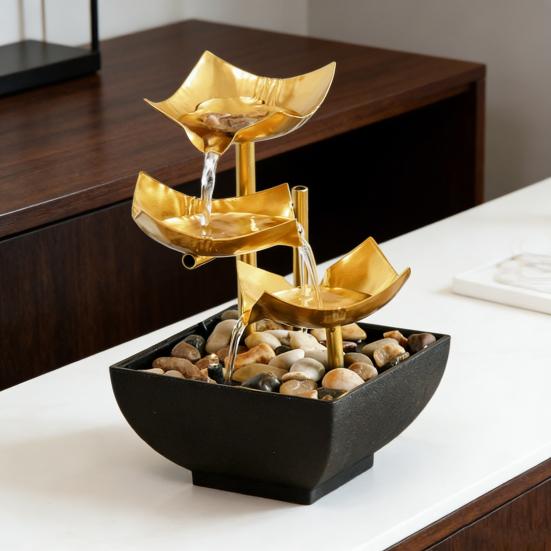 Gold Tabletop Water Fountain 3 Tier Lotus Indoor Desktop Fountain Ornament with Light Small Decorative Waterfall Fountain for Home Bathroom Bedroom
