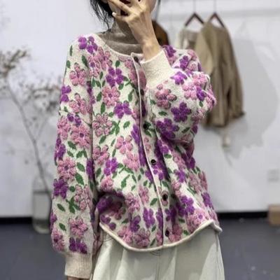 Sweaters Flower Cardigan Autumn Women Print O-Neck Sweaters Knitting Loose Sweater Black