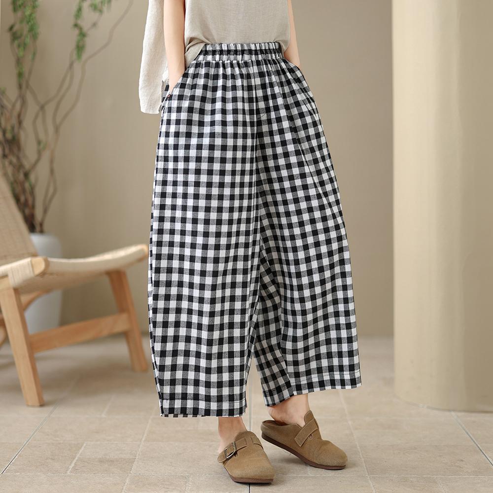 DIMANAF 2026 Summer New Plus Size Women Long Pants Vintage Printing Loose Casual Elastic Waist Lady Bottoms Black Plaid