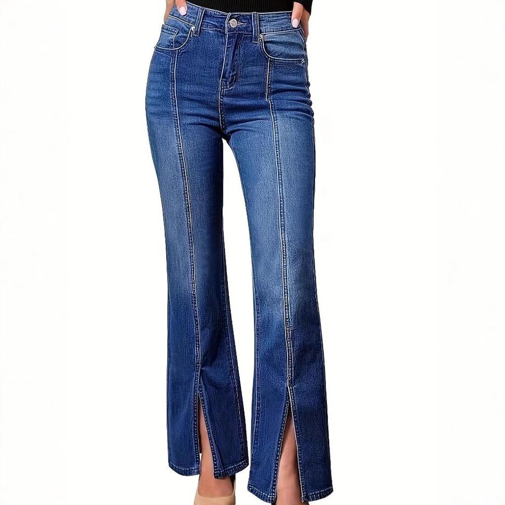 Neue Mode in Übergrößen Trendige Stretch-Jeans mit Schlitz vorne, Slim Fit Wide Leg Denim-Hose für Damen