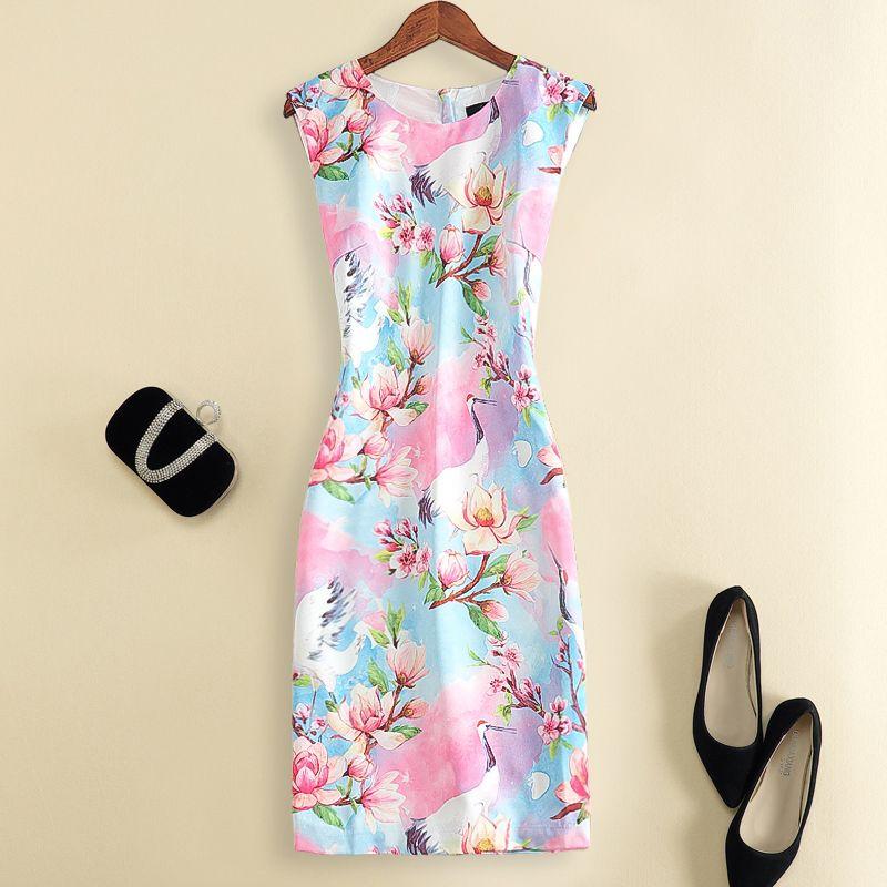 

Elegant Retro Chinese Style Summer New Arrival Women s Sleeveless Silm round Neck Hip Bag Fashion Print Dress Slim Looking Color M(10)