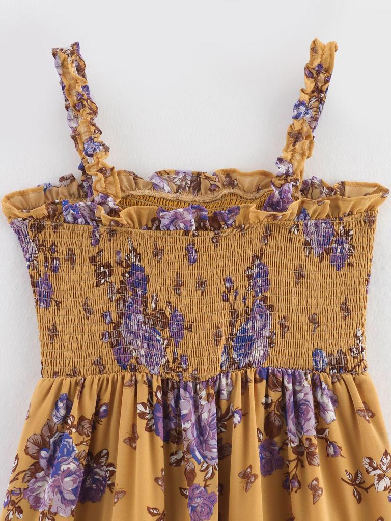 Spring 2025 European & American Style Women's Chiffon Print Waist-Gathering Sling Dress