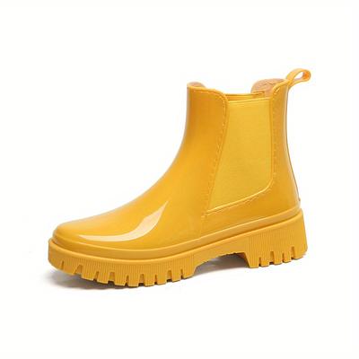 Women's Thick-Sole Rain Boots , Elastic Panels for Easy Slip-On, Cushioned Comfort, Black/Yellow/Green, Fashionable Casual & Professional Footwear