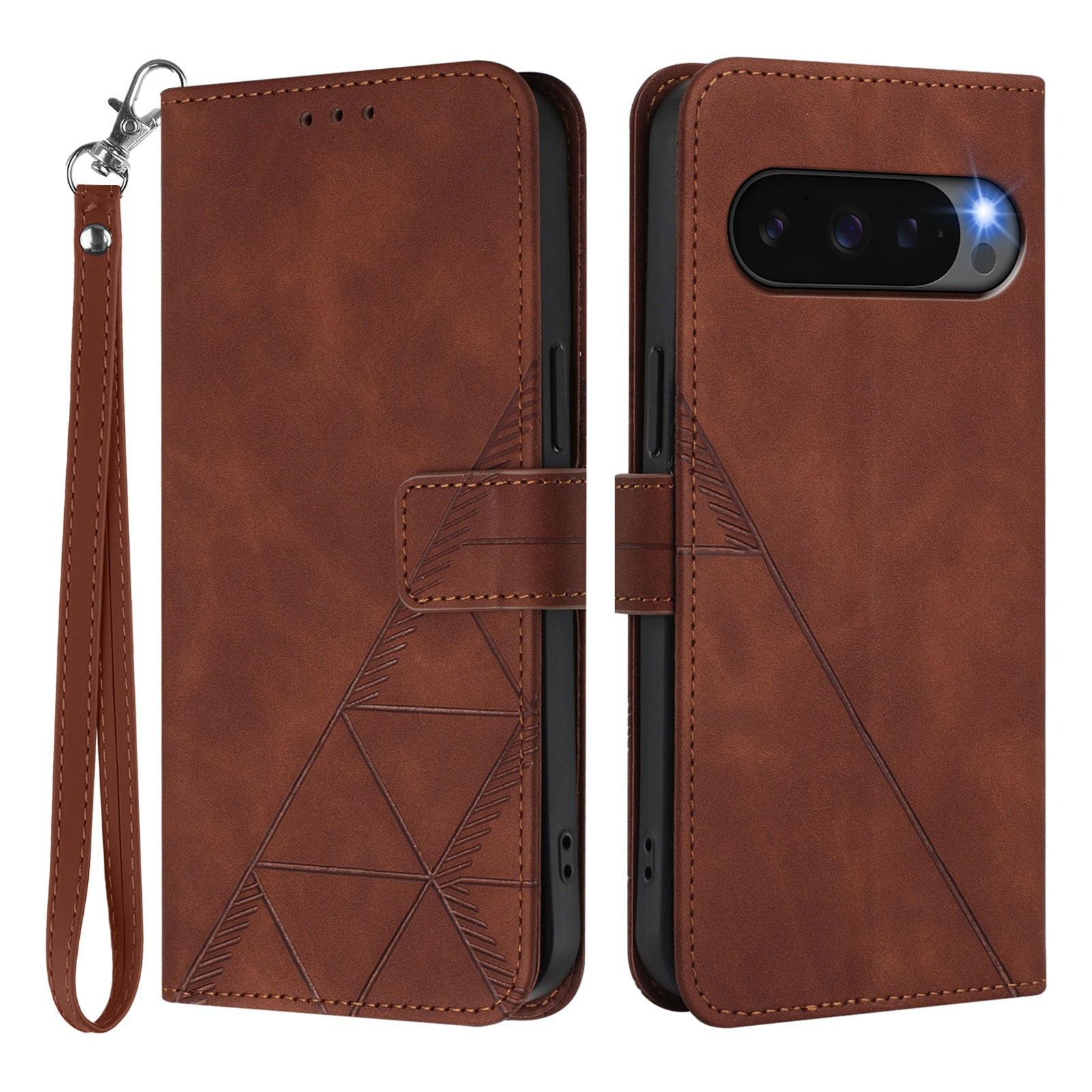 

For Google Pixel 10 Pro XL Leather Case with Hand Strap Wallet Stand Phone Cover Brown