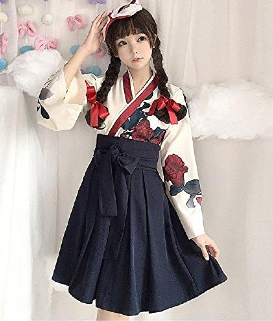Dame Faul Taisho Roman Hakama Kimono Lang Floral Lolita Plus Locker Rot Floral Uni Gotisch Erwachsener Schrein Showa Kurz Rose Druck Größe Kleid, Druck,