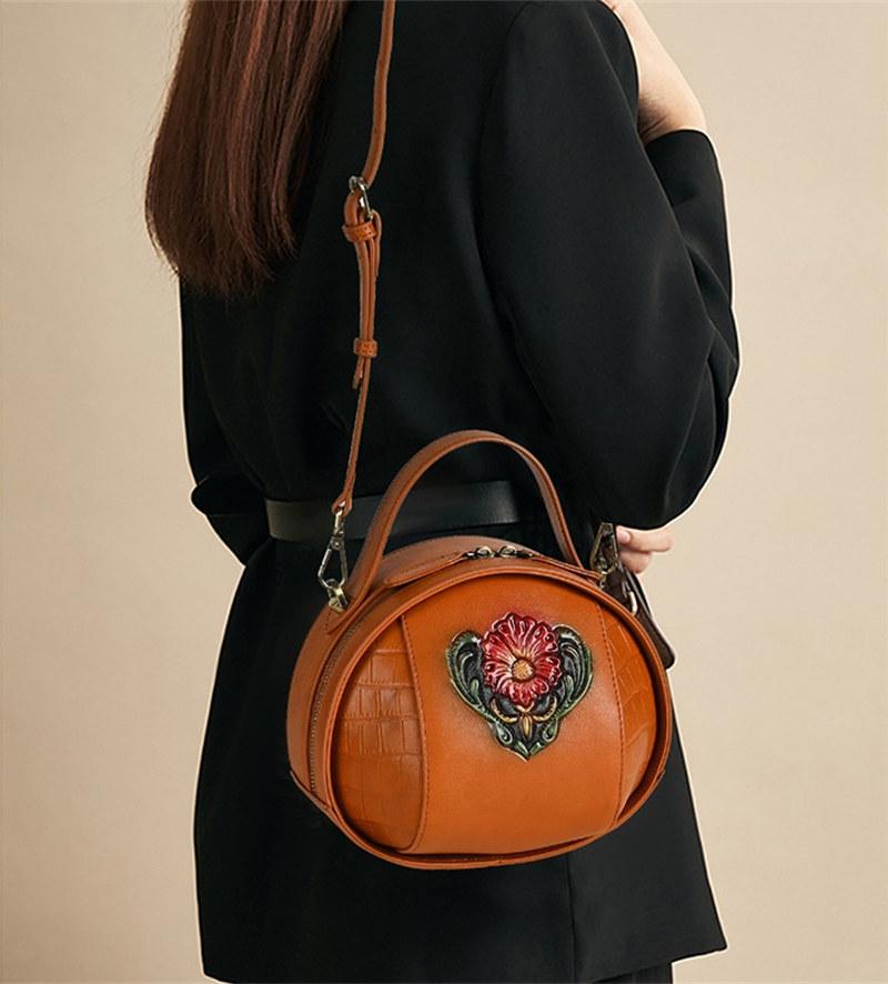 Genuine Leather Flower Embossing Shoulder Bags for Women Ladies Top Layer Cowhide Crossbody Bag Vintage Design Handbags