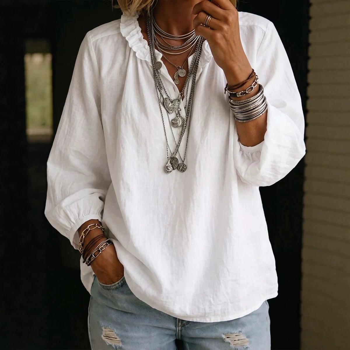 Women Solid Color Ruffle Collar Blouse Elegant Lantern Sleeve Casual Loose Top XS белый