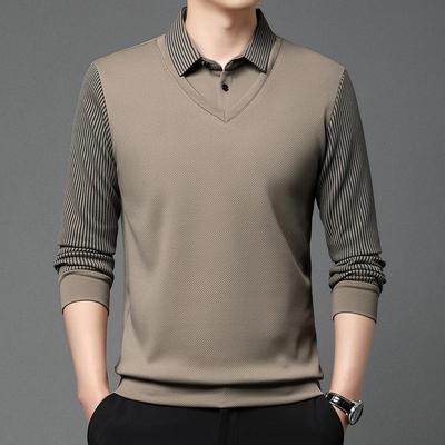 Camiseta Polo de Rayas de Manga Larga para Hombre: Nuevo Conjunto de Dos Piezas Casual de Negocios para Primavera/Otoño para Hombres de Mediana Edad.