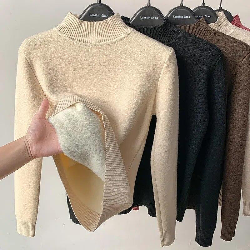 WTEMPO Vintage Turtleneck Winter Sweaters New Casual Knitted Pullover Fashion Fleece Lined Thick Warm Knitwear Women Velvet Tops
