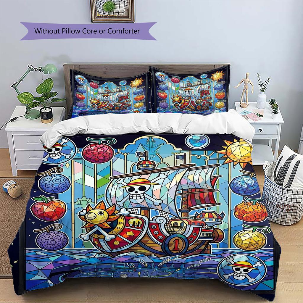 One Piece Luffy Pattern Bedding Quilt Set Quilt Cover Pillowcase Home Decoration Birthday Gift (1 * Duvet Cover + 2 * Pillowcase, Without Core)