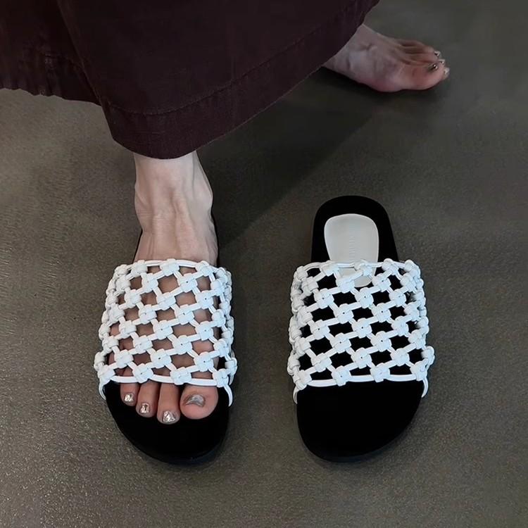 Soft leather version~ hand-woven fishing net hollow thick-soled beach shoes women's versatile casual round toe cool slippers