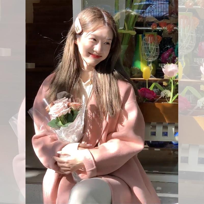 

Осень и зима новое розовое двустороннее кашемировое пальто женское средней длины маленькое свободное повседневное шерстяное пальто M лосось розовый