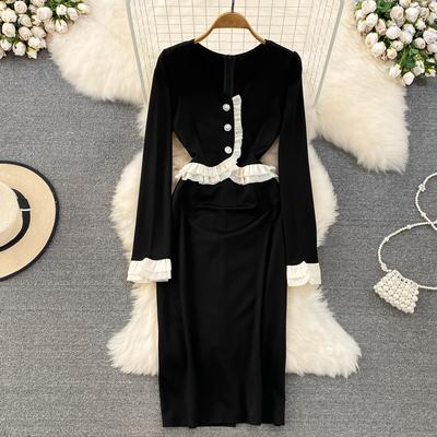 Frühling Herbst Frauen Rüschen Patchwork Schlank Bodycon Bleistift Kleid Herbst Vintage Schwarz Lange Midi Party Kleider