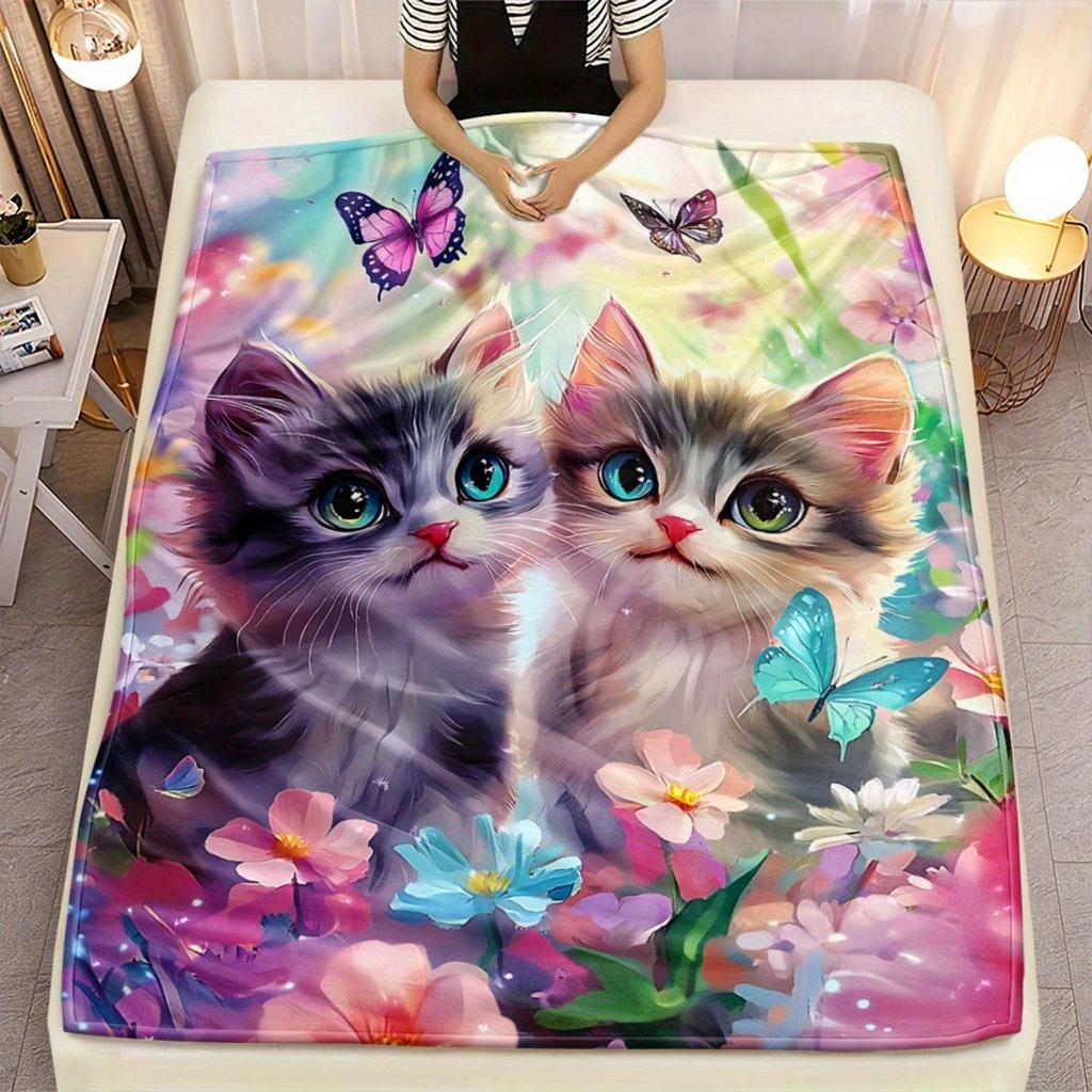 Printed Cute Kitten Fleece Blanket Butterfly Flower Pattern Soft Warm Flannel Throw Blankets for Bed Sofa Home Decor Living