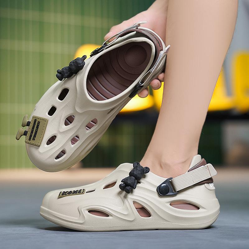 

Мужские дырчатые туфли летние толстоподошвенные для улицы, крутые тапочки с яростным медведем, пляжная сумка, головка, нескользящие повседневные тапочки 45 хаки