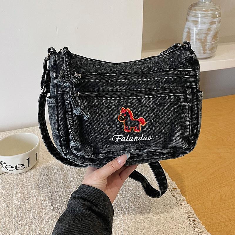 Cute Horse Embroidered Denim Crossbody Bag Multi Pocket Casual Shoulder Bag for Women