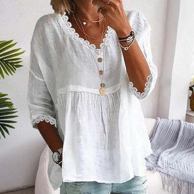 Damen-Shirt mit V-Ausschnitt, 3/4-Ärmeln, lockere Passform, Spitzenspleiß-Oberteile, einfarbig, lockere Passform, atmungsaktives Freizeithemd