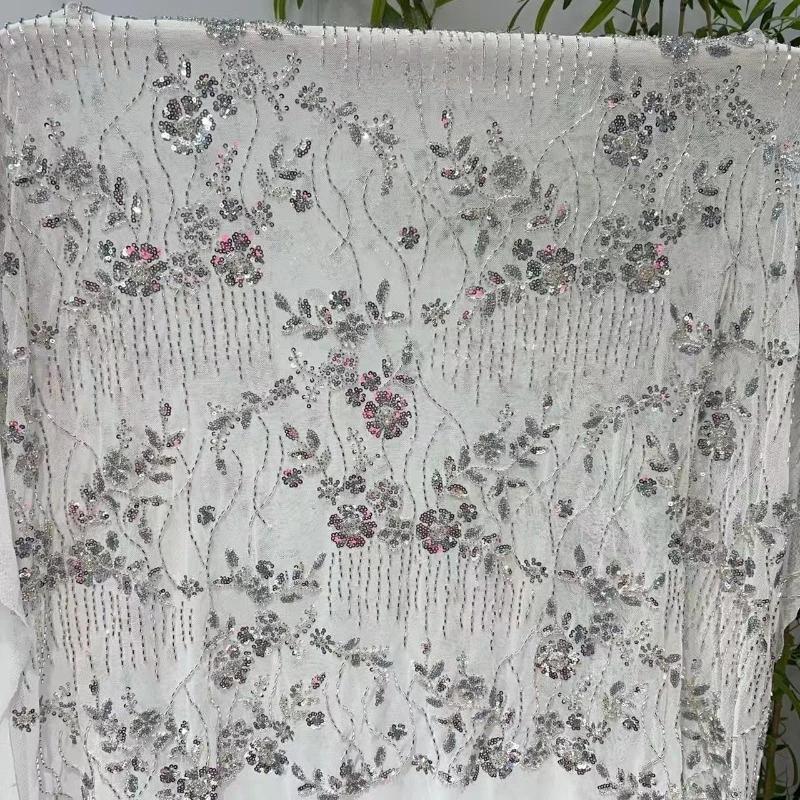 Elegant Beads Sequins Lace Fabric Sequins Embroidered Lace Fabric Diamond Fringe Wedding Dress Material for Clothing