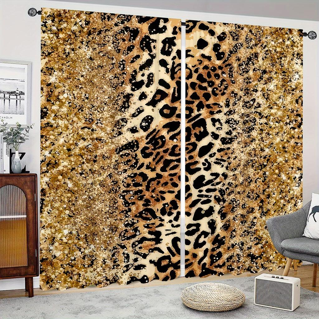 Set Of 2 Luxury Golden Leopard Curtains Hd Digital Print Design Living Room Bedroom Study Window Decor Style Curtain With Rod Pocket Polyester Ideal