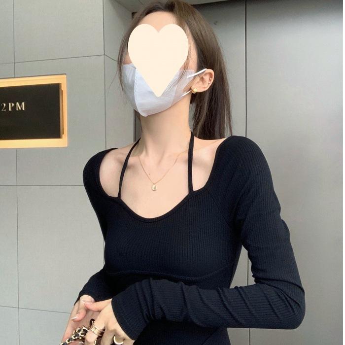Black Split Sexy Neck Dress Women's Autumn Spice Girl Long Sleeve Slim Irregular Medium and Long Hip Wrap Skirt