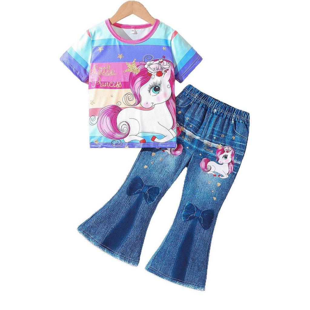 2025 Summer Girls' Fashion Denim Two-Piece: Long Pants & Round Neck T-Shirt Set