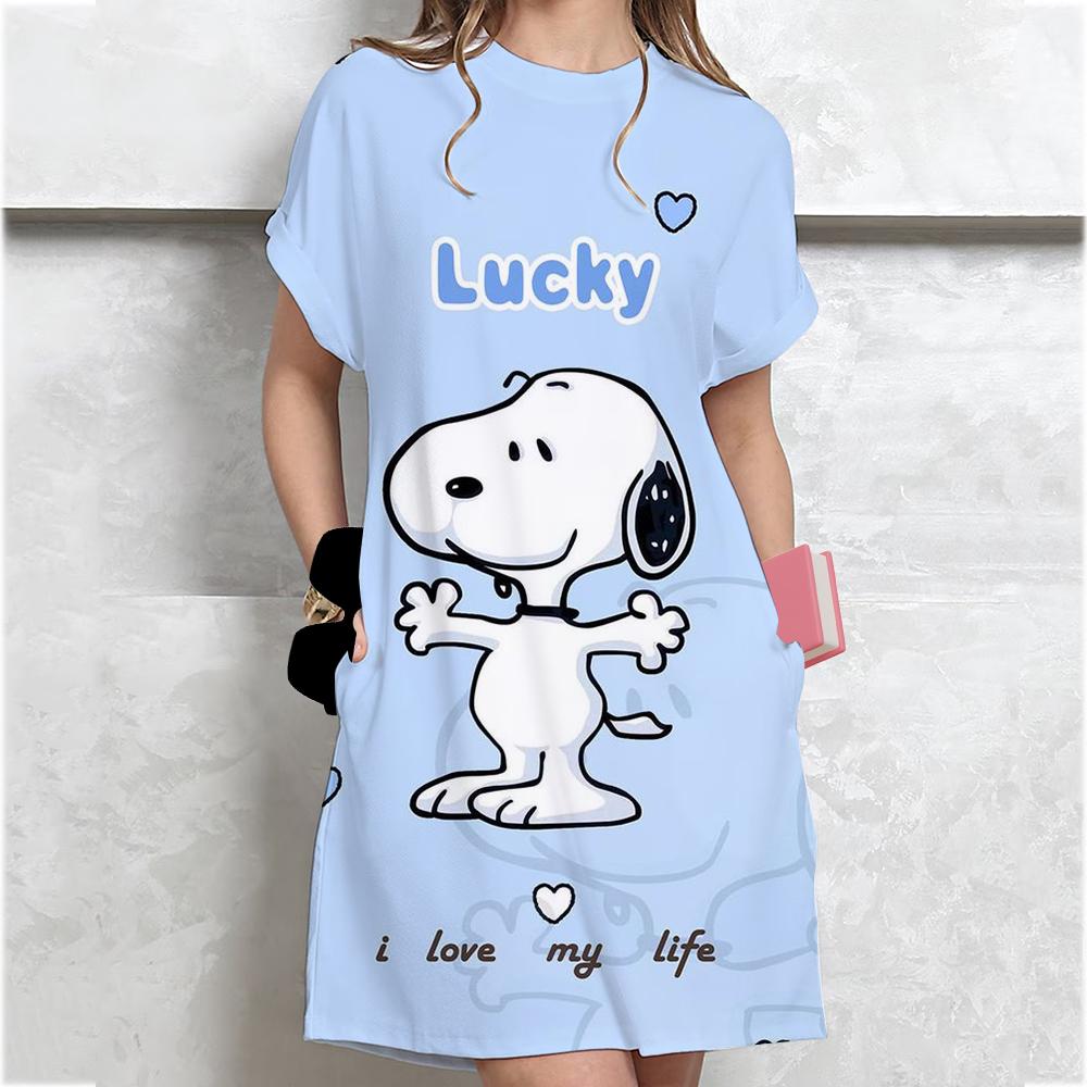 

Жіноча вільна літня сукня з коротким рукавом великого розміру з принтом Snoopy, міні-сукня в стилі футболки, літня повсякденна вільна сукня XXL