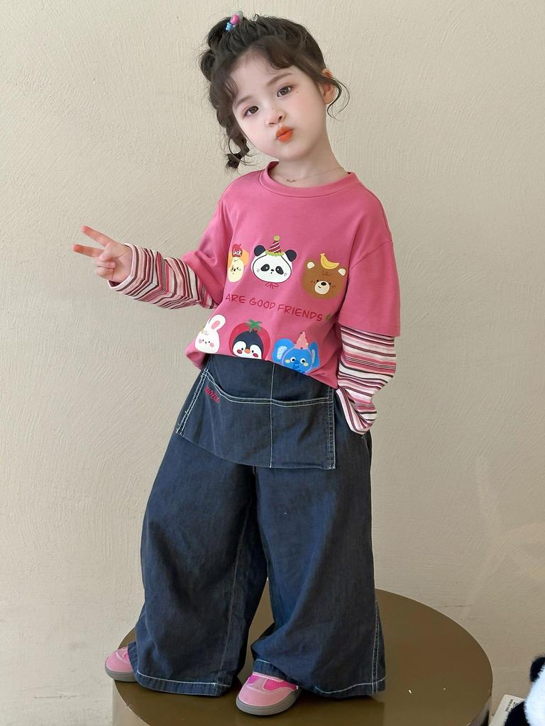 2025 Dziewczęca Wiosenno-Jesienna Koszulka z Długim Rękawem Udająca Dwuczęściową