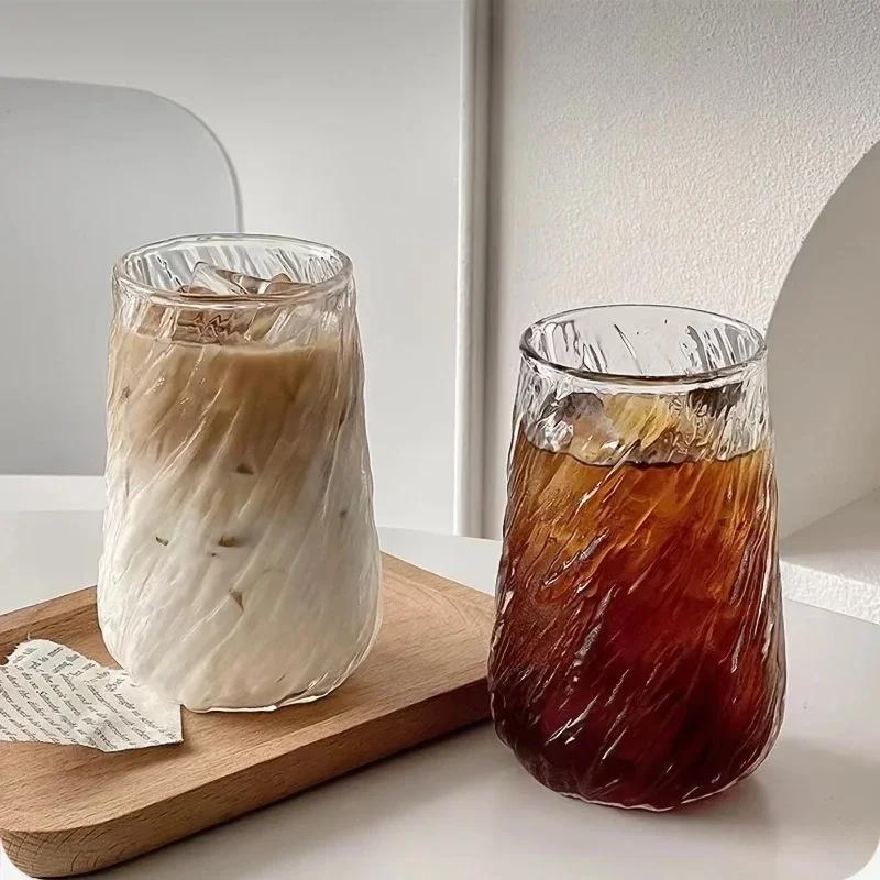 400ML Coffee Mug Glassware Stripe Glass Cup Ice Mug Transparent Glass Tea Cup Drinkware Juice Milk Mocha Cups Kitchen Supplies L