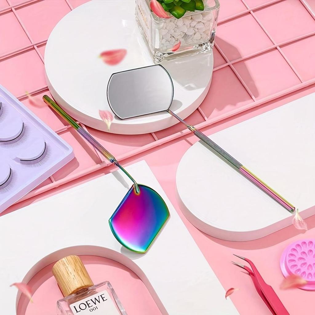 1 specchio per trucco in acciaio inossidabile per extension ciglia, specchio portatile a mano con design staccabile, finitura lucida, cornice a tema floreale