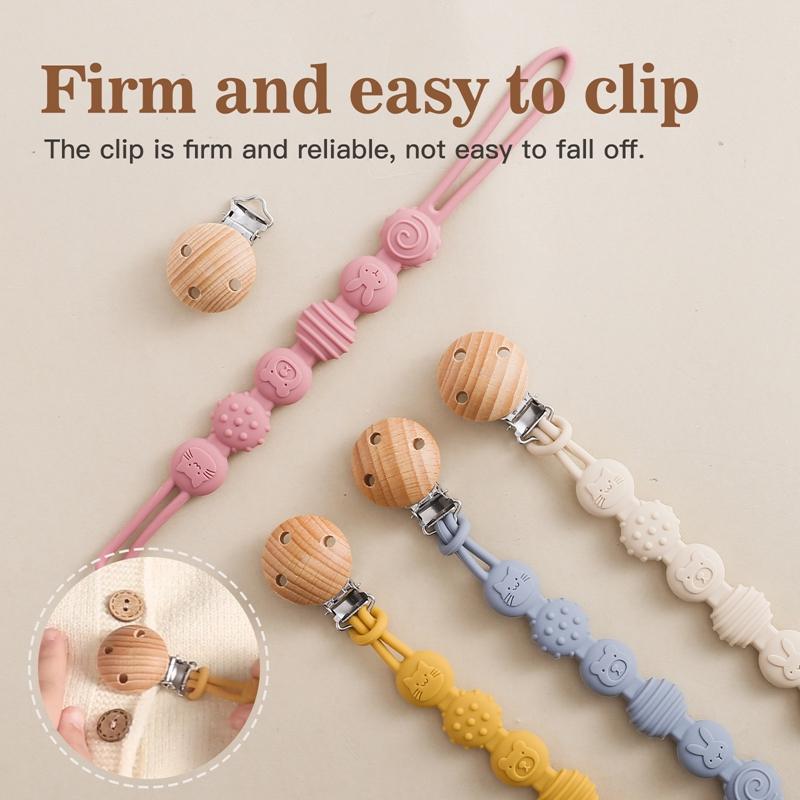 Beech Wood Pacifier Clip Silicone Chain Anti-Drop Baby Accessories Pacifier Chain Nipple Holder Nipple Clip Cartoon Dummy Holder