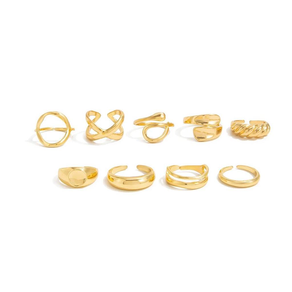 Salircon 9Pcs/Set Punk Glossy Hollowout Open Rings for Women Vintage Gold Color Adjustable Finger Rings Party Set Jewelry Gift
